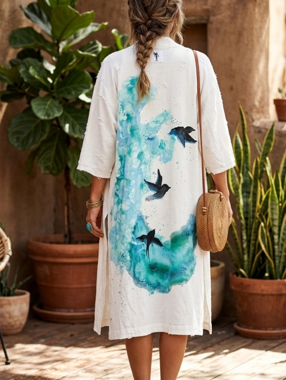 Boho Distressed Kimono Duster Teal Swallow Bird Watercolor Robe OS